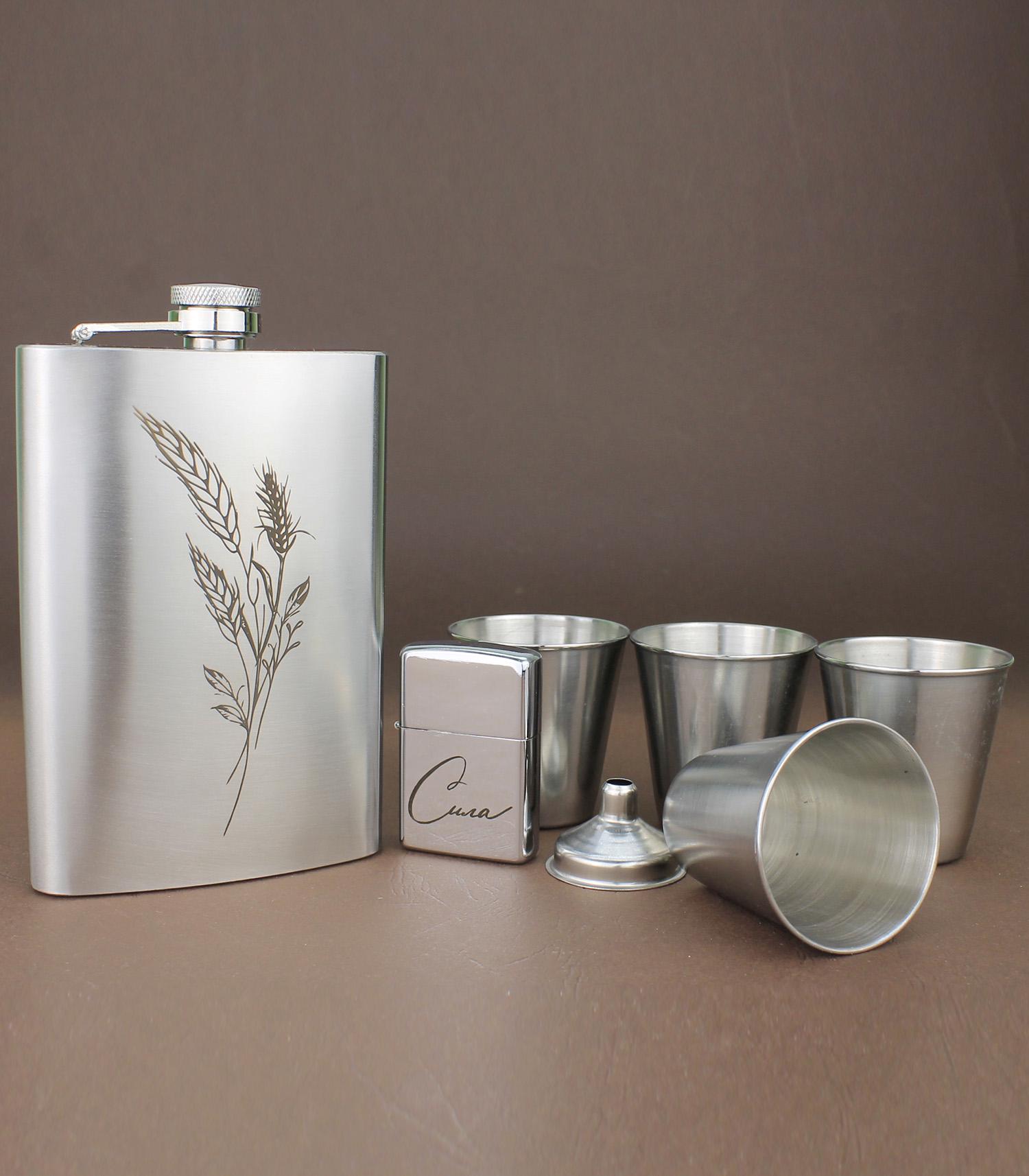 Набір фляги з гравіюванням Колосся з лійкою/запальничкою/стопками (21-0039)