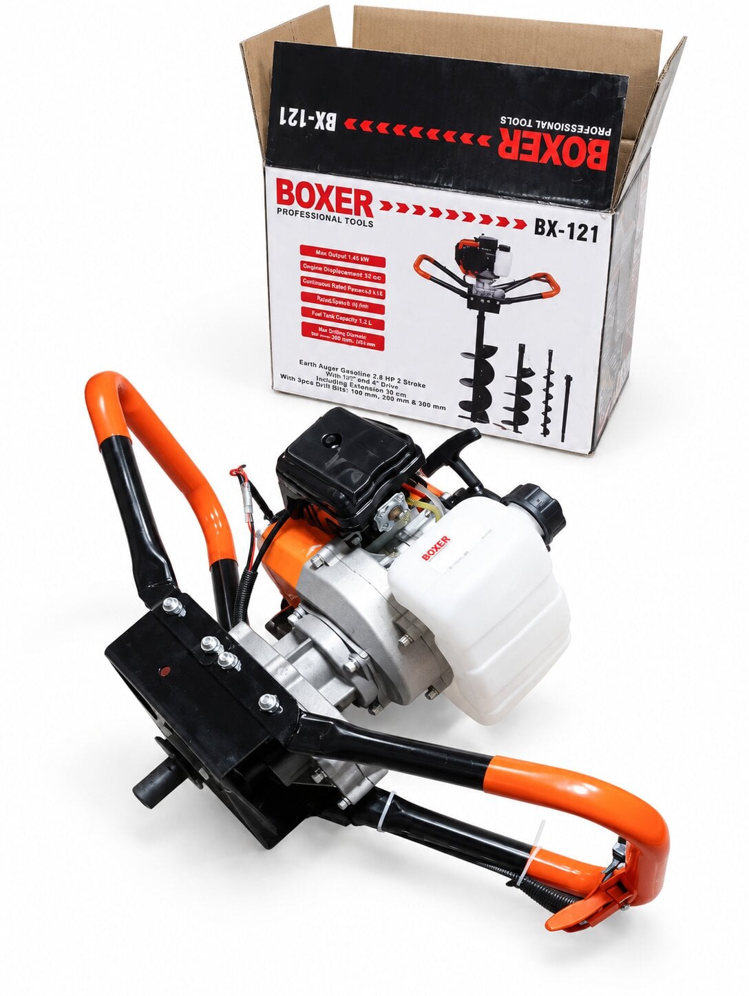 Мотобур бензиновый BOXER BX-121 5.2 л.с. 52 см3 с тремя бурами 100/150/200 мм и удлинителем 50 см