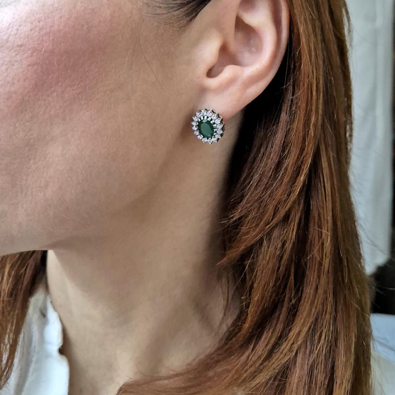 Сережки овал із великим зеленим каменем імітація хризопраз чорнене срібло 925 проби 5,10 г (2885) - фото 5