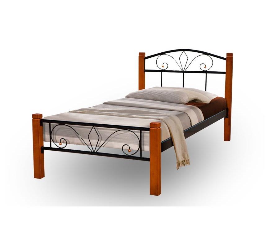 Кровать односпальная Мікс Меблі Релакс Вуд 90х200 с ламелями из натурального дерева и металла Орех/Черный без матраса