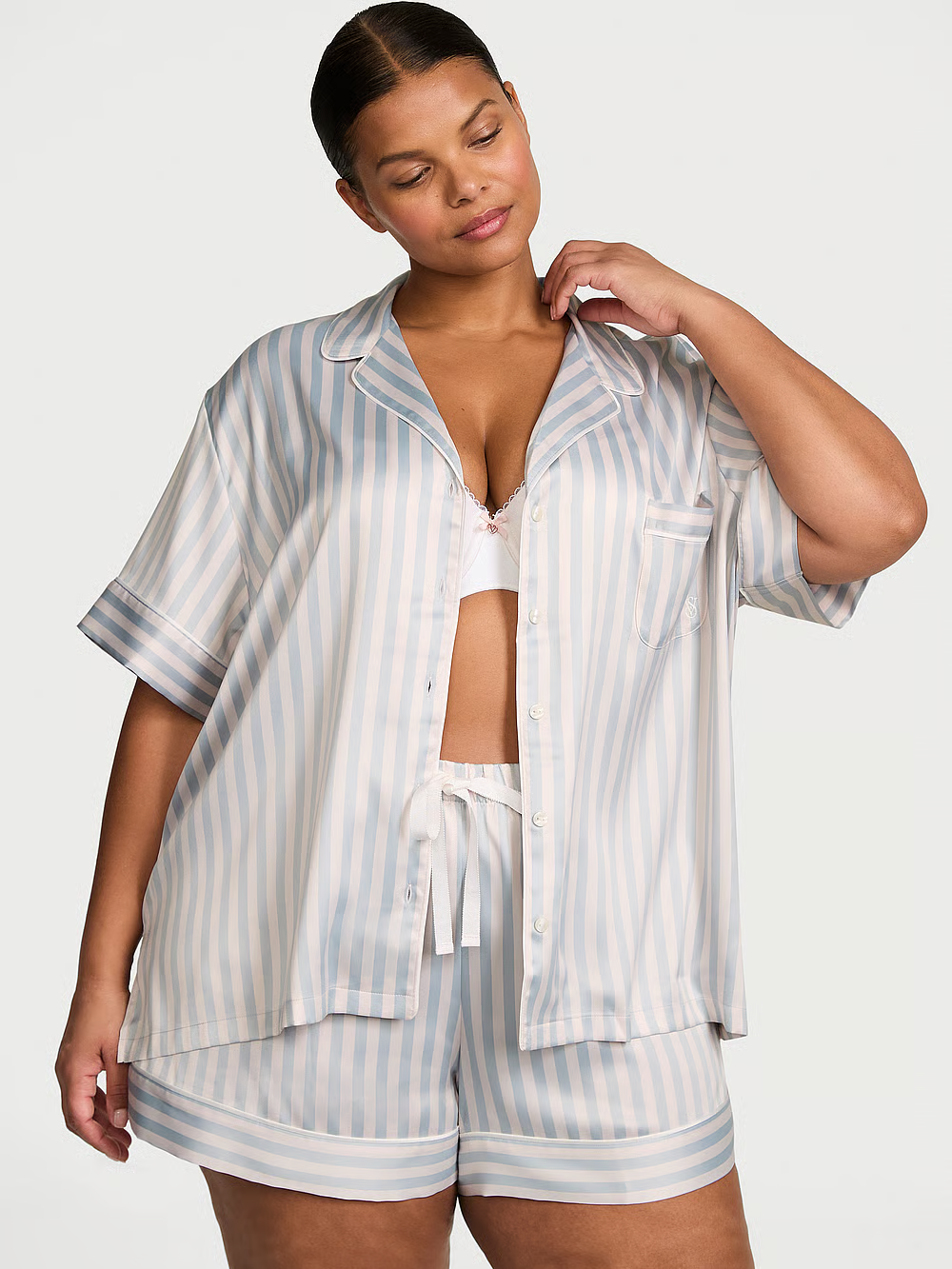 Піжама жіноча Victoria's Secret Glazed Satin Short Pajama Set сатинова у смужку S Блакитно-білий (26645436)