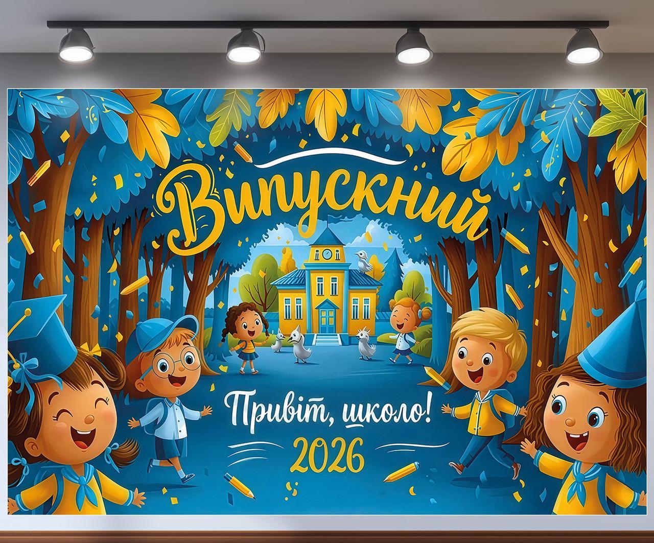 Баннер для фотозоны "Випускний Привіт школо 2026" дети в лесу возле школы сине-желтый цвет 240x160 см