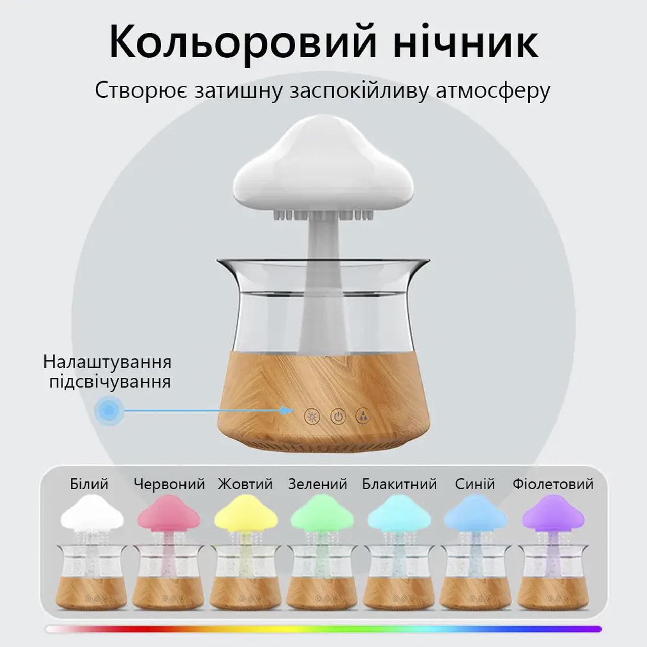 Увлажнитель воздуха Rainforest гриб с эффектом дождя с подсветкой Светлое дерево (1801248) - фото 9