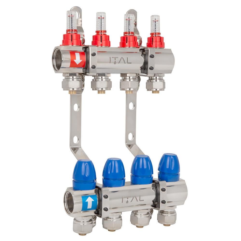 Комплект коллектора с расходомерами ITAL IT04-H2001 из латуни 1"-3/4" евроконус на 4 выхода (1055672)