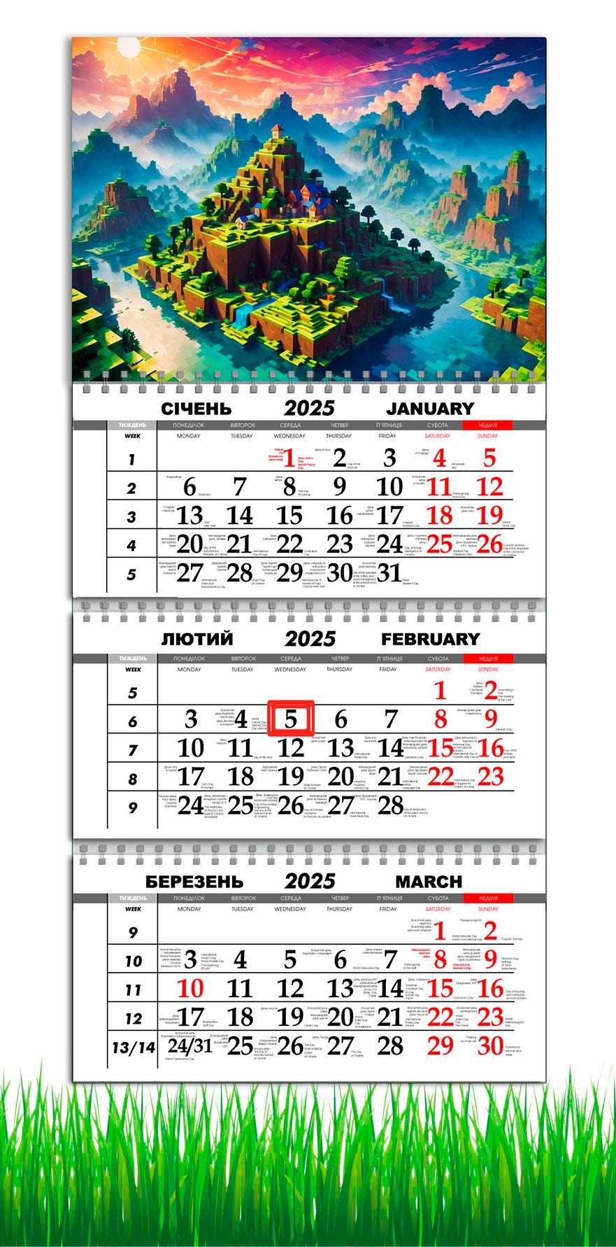 Календарь настенный квартальный на 2025 год APRIORI Майнкрафт на 3 пружины 30х61 см (UA3001)