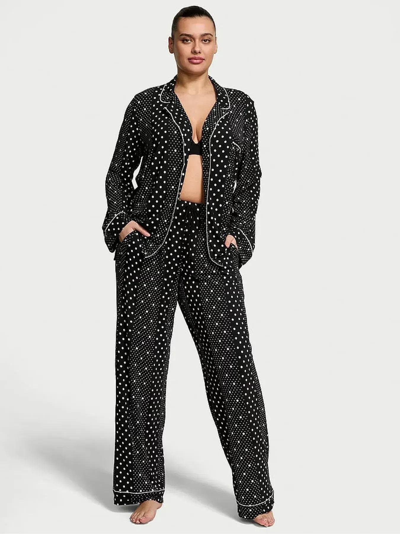 Піжама модал сорочка/штани Victoria's Secret Modal Soft Dotted Stripe Long Pyjama Set Regular М Чорний (26811461D)