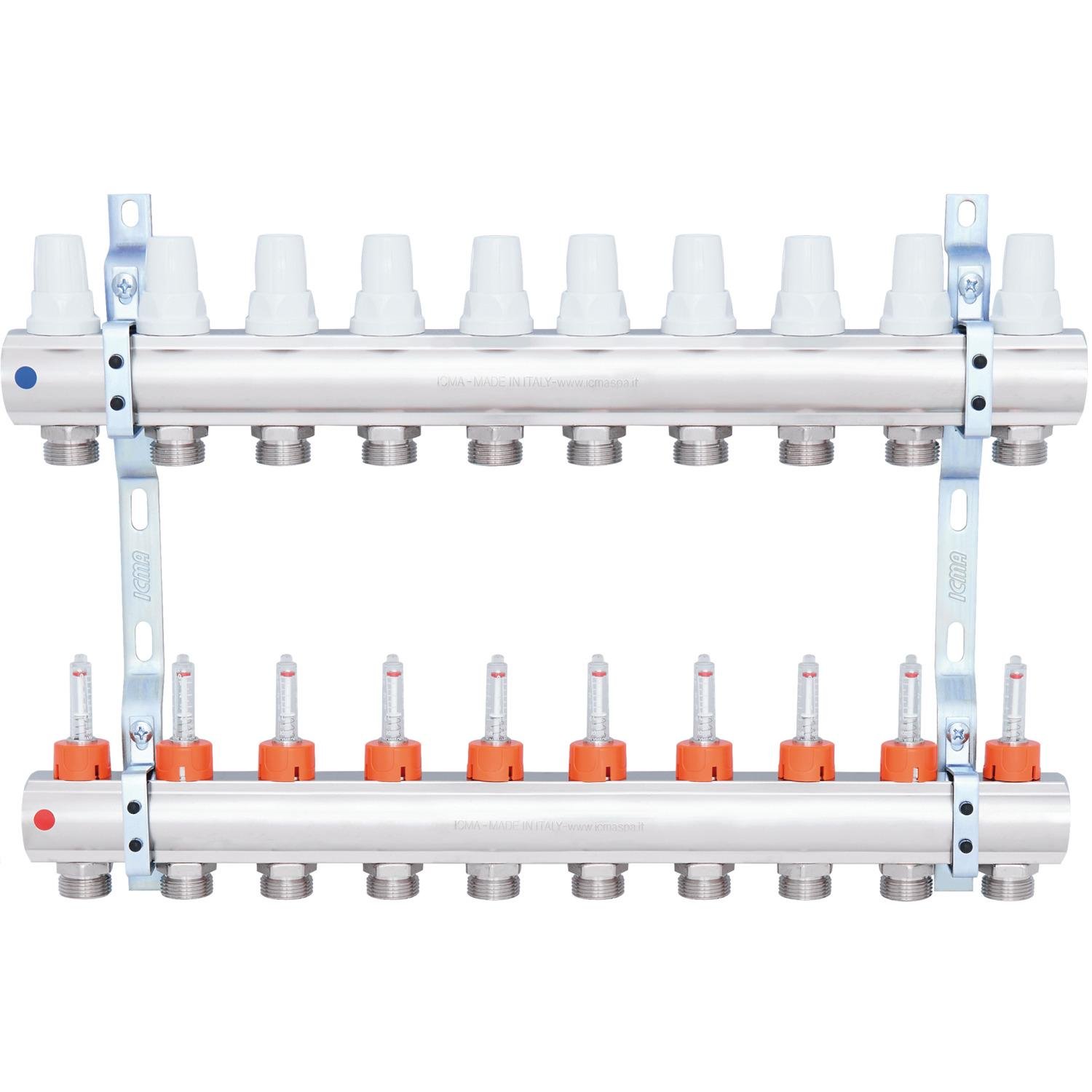 Колектор для теплої підлоги ICMA 87K013PM06 10 контурів з витратомірами 1"/3/4" (78717) - фото 1