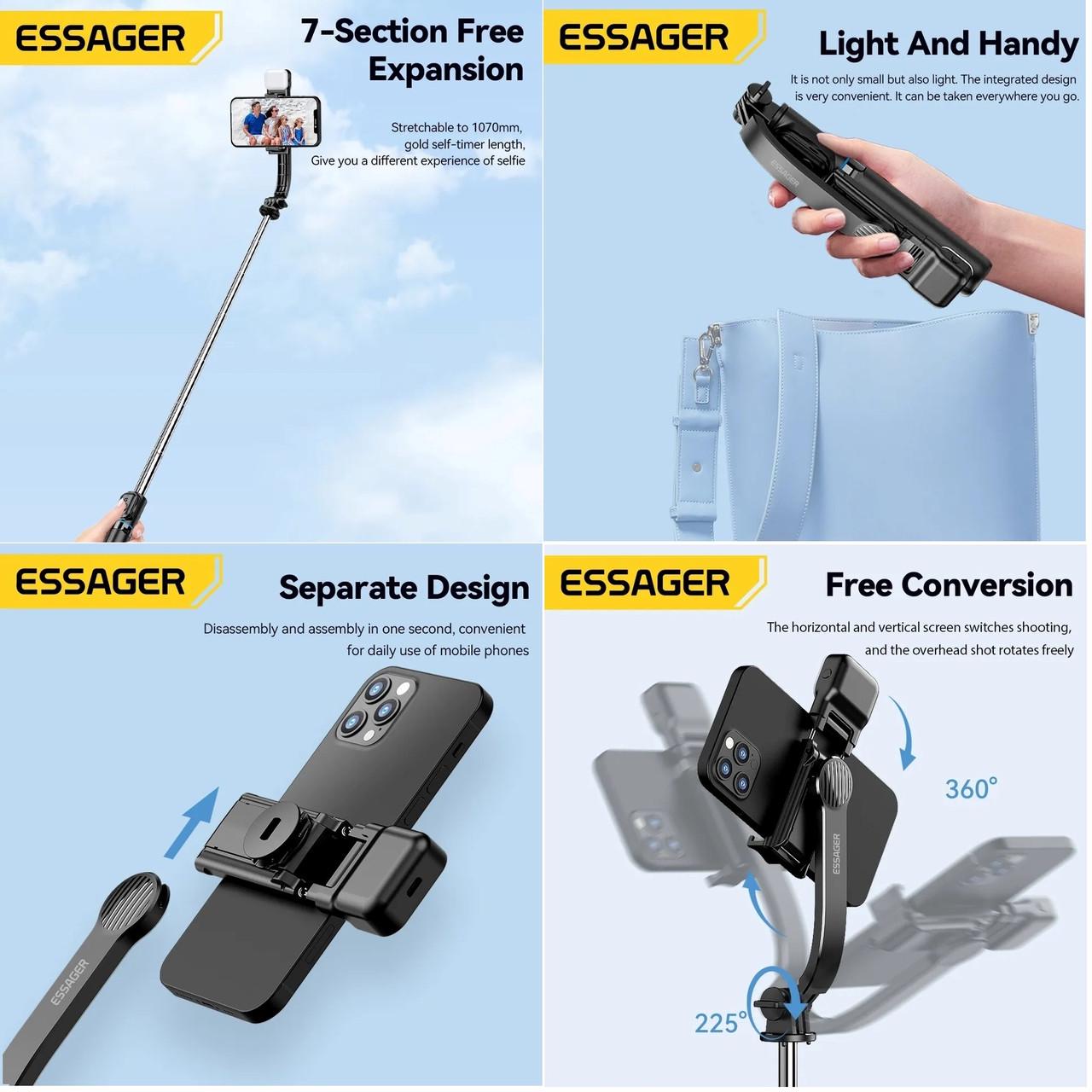 Селфи палка с пультом Essager C01 с подсветкой (25397475) - фото 4 Селфи палка с пультом Essager C01 с подсветкой (25397475) - фото 4