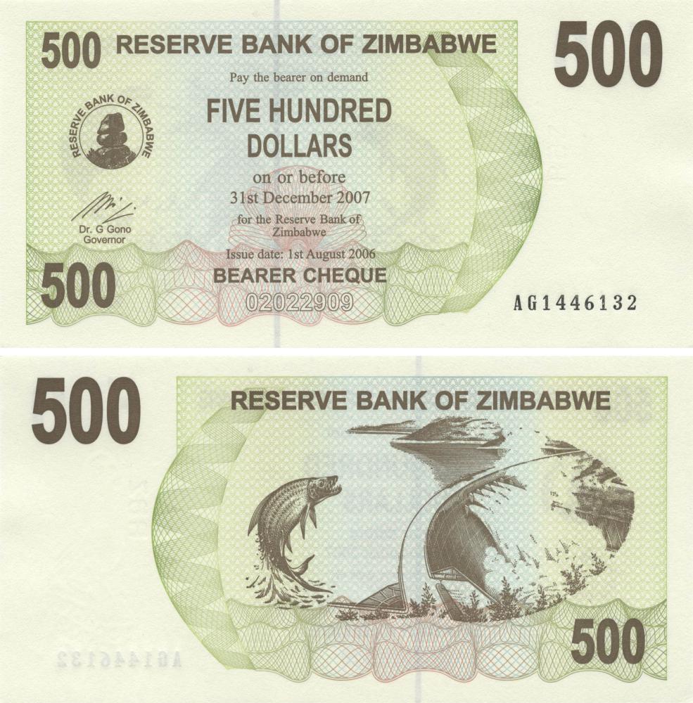 Коллекционная банкнота Зимбабве 500 долларов 2006 UNC Рыба P43 (Б09669)