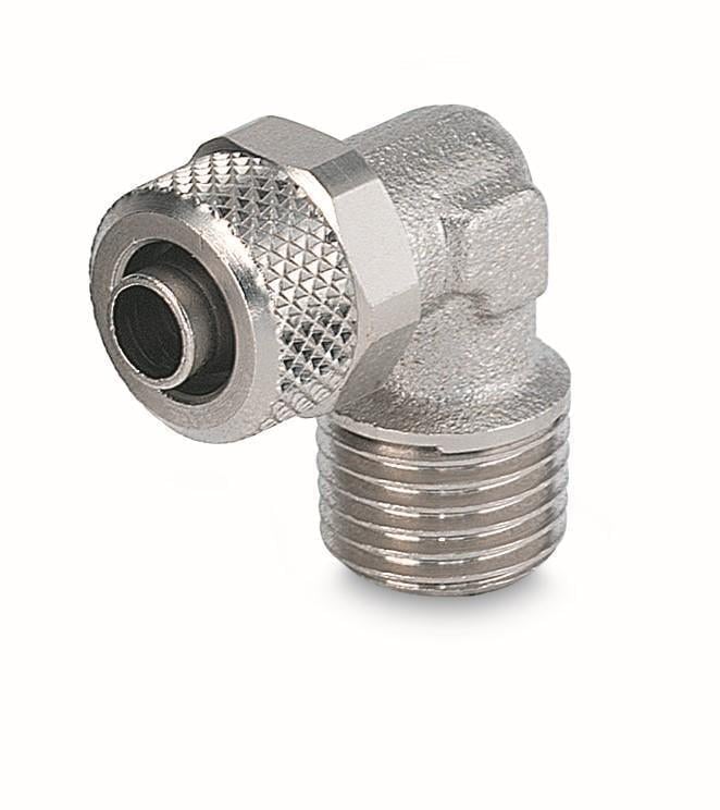 Соединение цанговое латунное угловое 90° наружная конусная резьба R 1/4" M под трубку наружный/внутренний Ø 10/8 мм (PF31121004) Соединение цанговое латунное угловое 90° наружная конусная резьба R 1/4" M под трубку наружный/внутренний Ø 10/8 мм (PF31121004)