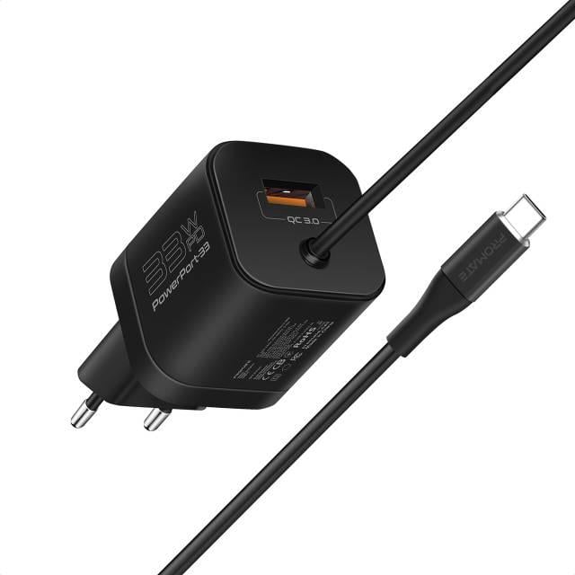 Сетевое зарядное устройство Promate PowerPort-PDQC3 33 Вт USB-A порт USB-C кабель Black