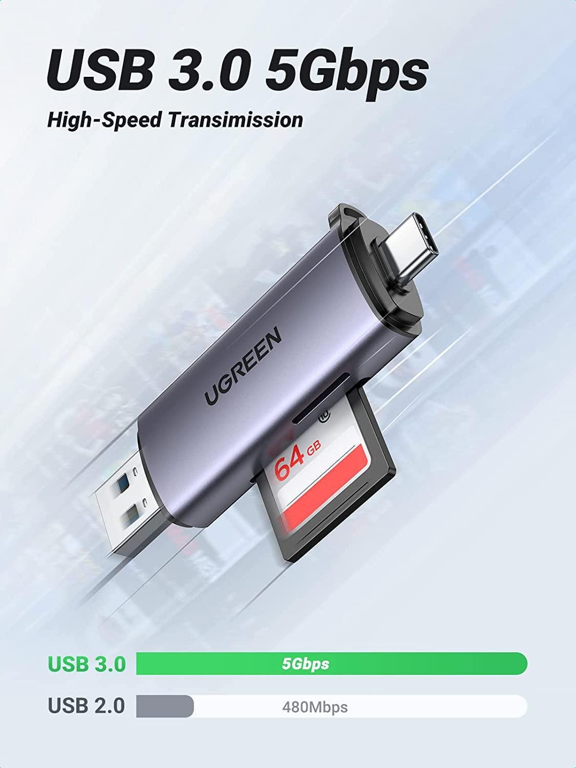 Кардридер UGREEN USB 3.0 +Type-C для TF SD Micro SD Послідовне зчитування/5 Гбіт/с USB-A/USB-C Сірий (50705) - фото 2 Кардридер UGREEN USB 3.0 +Type-C для TF SD Micro SD Послідовне зчитування/5 Гбіт/с USB-A/USB-C Сірий (50705) - фото 2