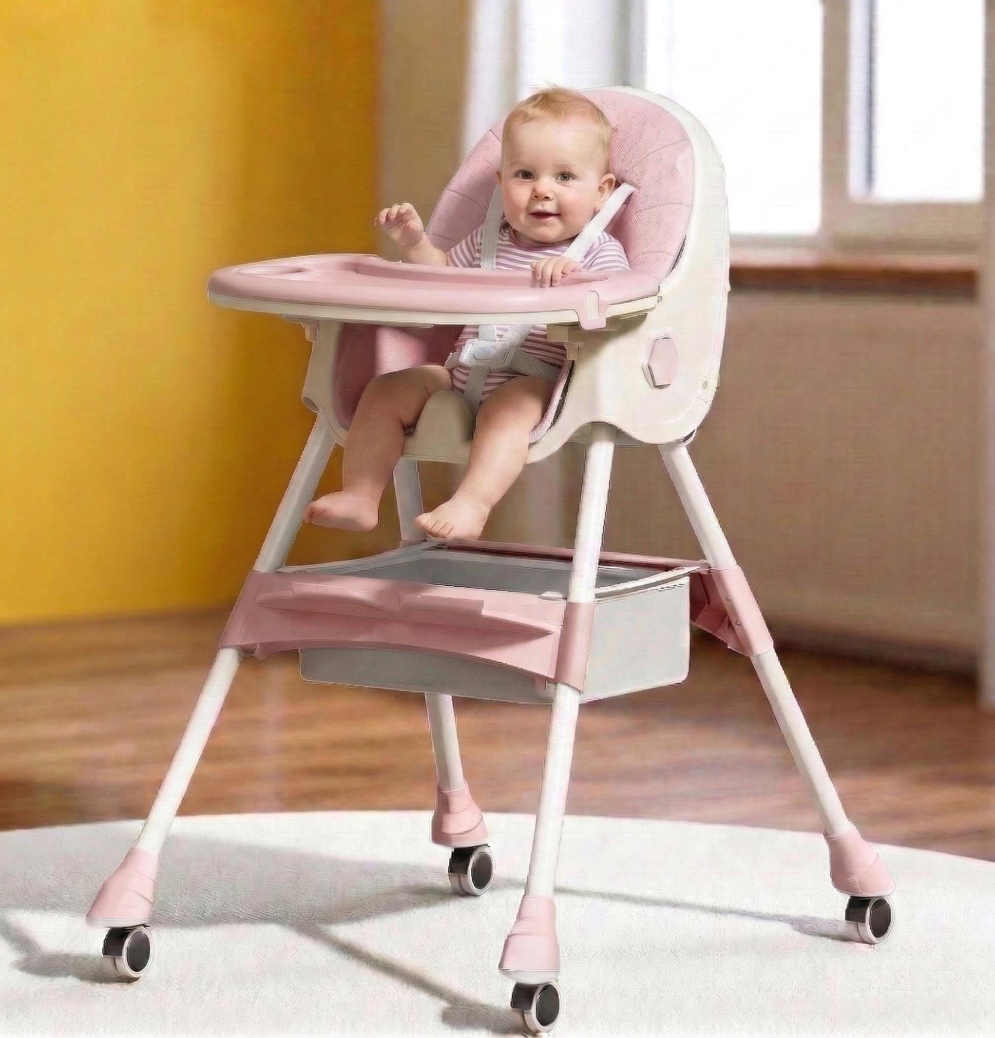 Стільчик для годування 2в1 трансформер з кошиком/регульованою спинкою та столиком Рожевий (Е500333)