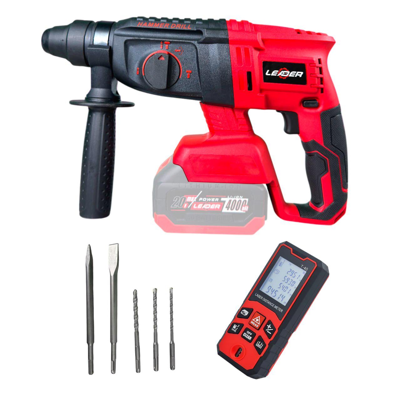 Перфоратор аккумуляторный Leader Optimal BL20-26D/лазерный дальномер Leader Ultra LM60/набор зубил/буров для перфоратора Leader 5 шт. (id_4410)