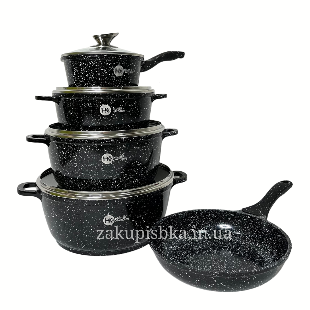 Набір посуду Higher Kitchen HK-305 з гранітним антипригарним покриттям 10 предметів Чорний (2480514383) - фото 5 Набір посуду Higher Kitchen HK-305 з гранітним антипригарним покриттям 10 предметів Чорний (2480514383) - фото 5