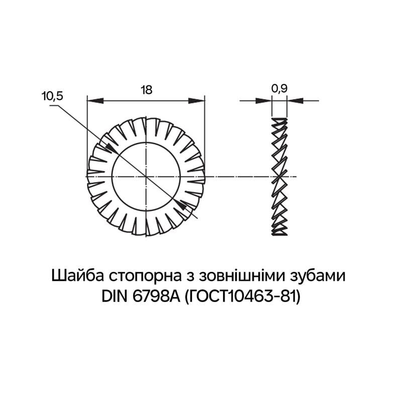 Шайба стопорна зубчаста ДКС М10 DIN6798A ⌀ 18 мм х 0,9 мм нержавіюча сталь 1 шт. (CM221000INOX) - фото 2