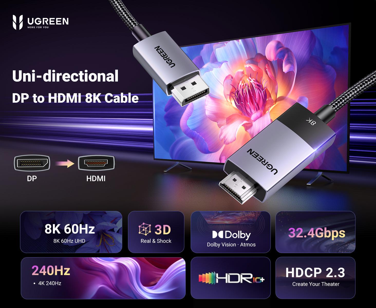 Кабель UGREEN DisplayPort-HDMI 8K 60Hz 4K 240Hz 32.4 Гбіт/с DP 1.4 до HDMI 2.1 Dolby, HDCP2.3 1 м Чорний (80395) - фото 2