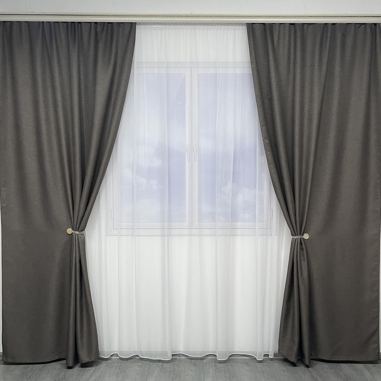 Шторы однотонные льняные 150х270 см Серо-коричневый (SH-M5-8)