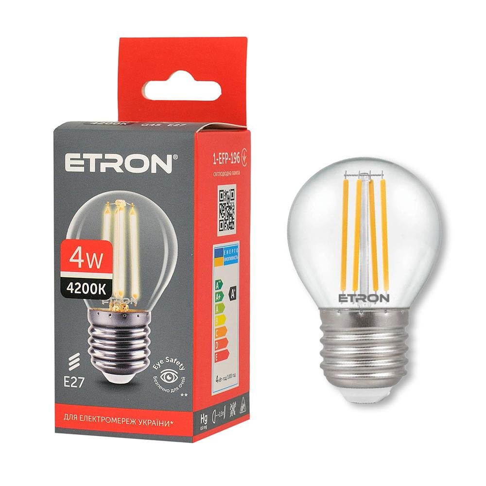 Декоративная лампа филаментная ETRON 1-EFP-196 4W 4200K G45 E27 Прозрачный (23842)