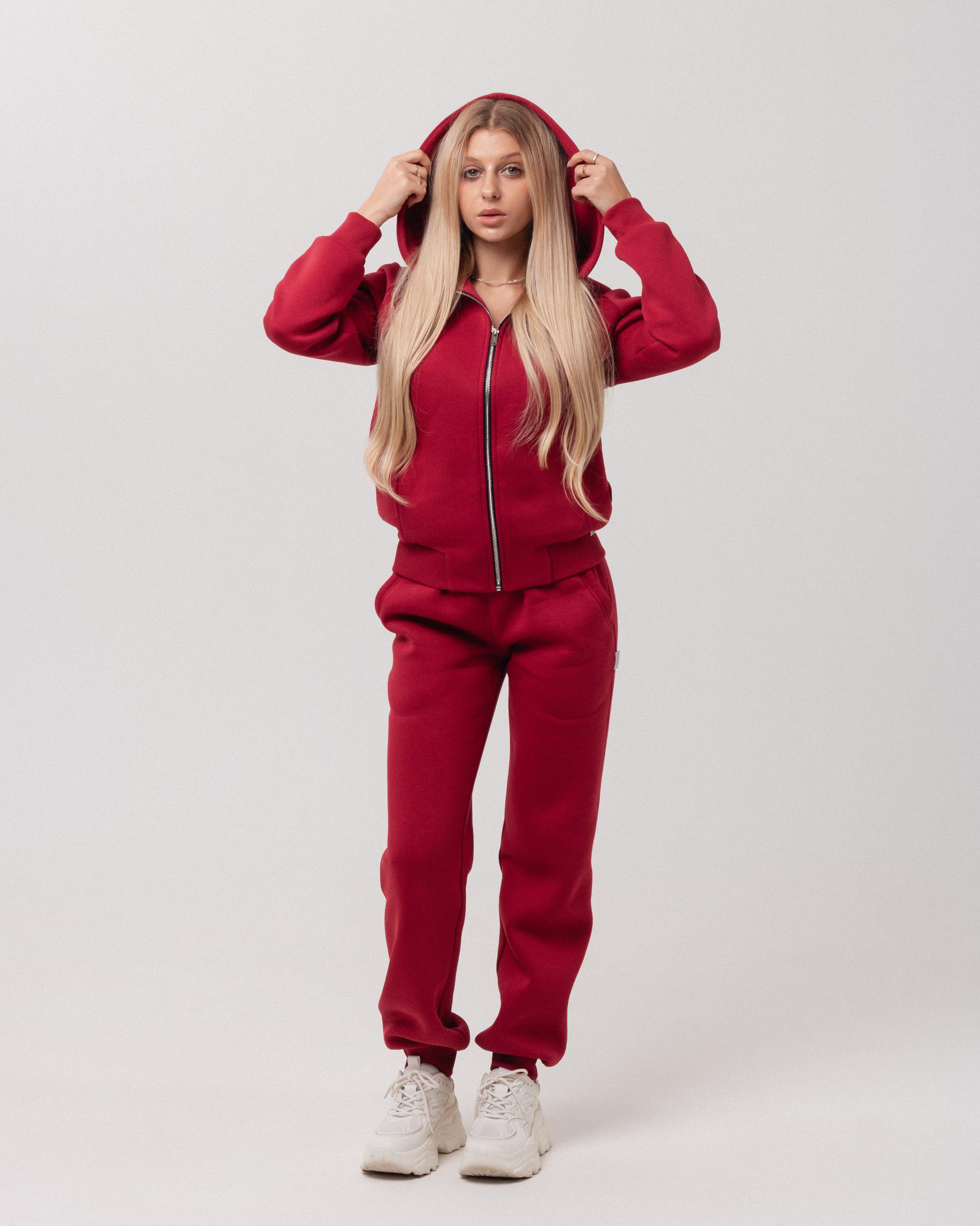 Прогулянковий костюм жіночий Lookeriya начіс толстовка та джогери XXXL вишневий (31635350)