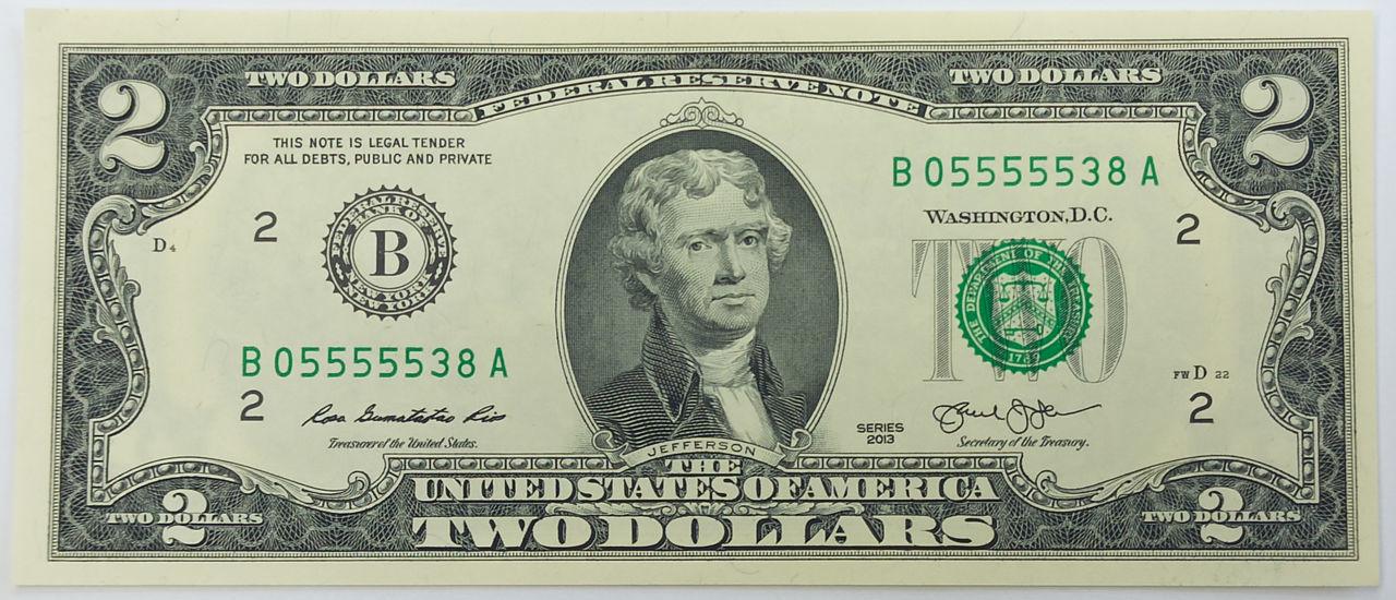 Банкнота 2 доллара B 05555538 A США 2013 г.