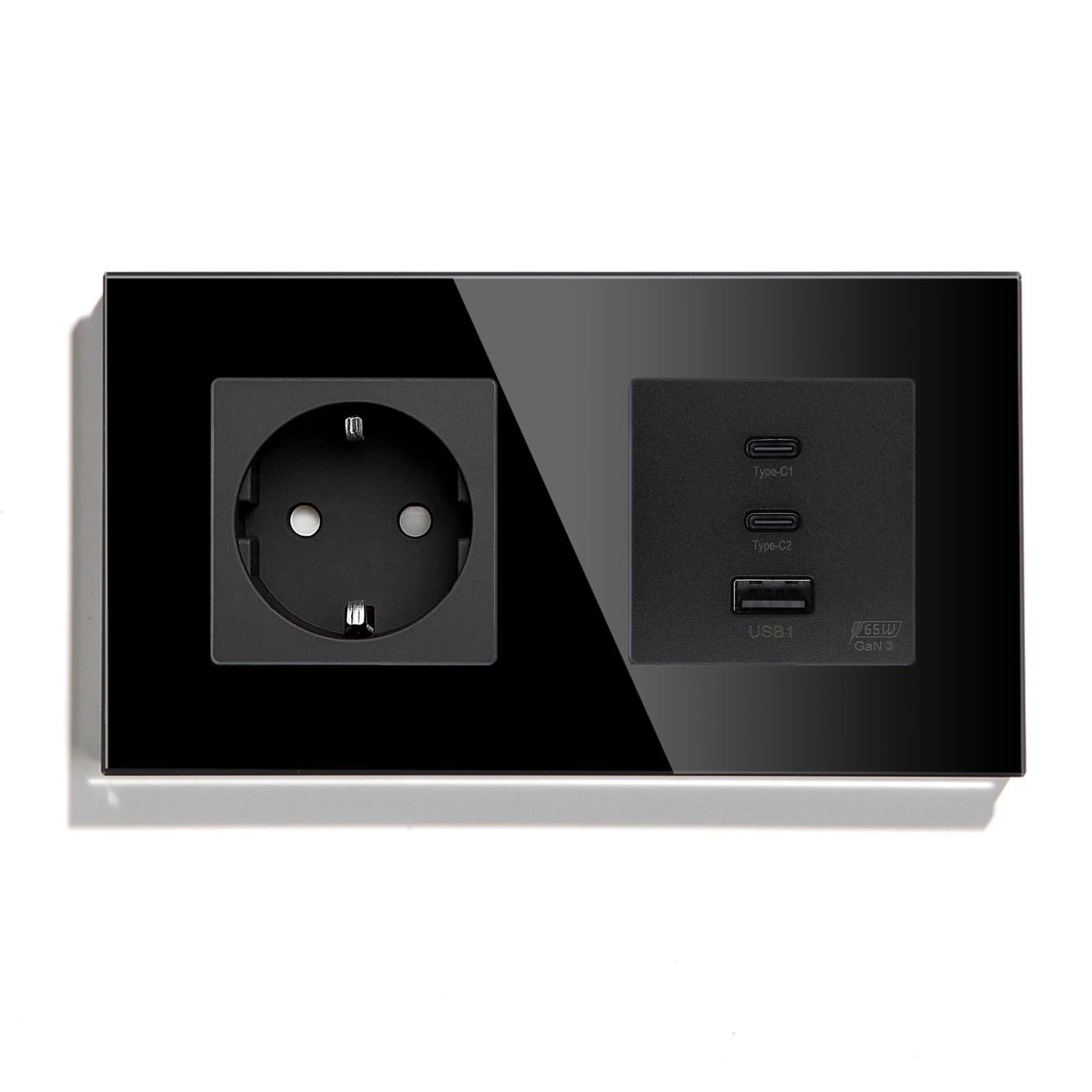 Розетка настенная LUXION с USB-A/USB-C 65Вт дизайнерская стеклянная рамка Черный (LX-M1F65W-BK)