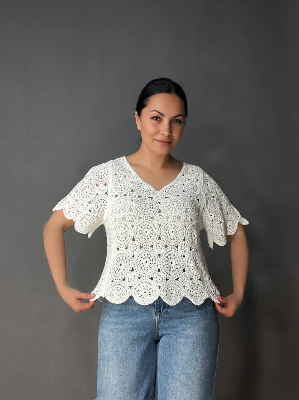 Блузка женская A-N 5303 кружевная вязаная с коротким рукавом OS Белый (26404723) - фото 8