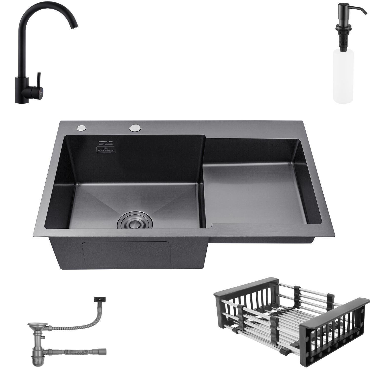Мойка кухонная Kroner 7848LHM левая и смеситель для кухни Черный