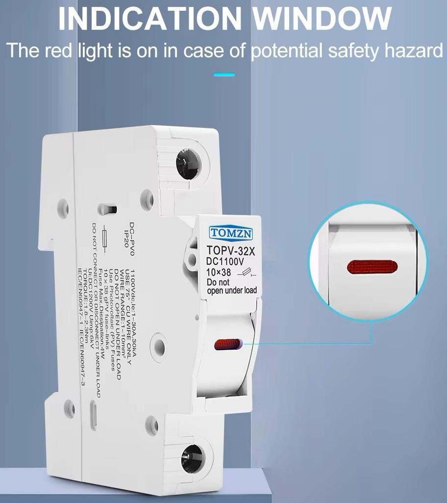 Тримач однополюсний без запобіжників TOMZN для сонячних панелей LED індикація до 1100V PV gPV 10x38 мм - фото 10 Тримач однополюсний без запобіжників TOMZN для сонячних панелей LED індикація до 1100V PV gPV 10x38 мм - фото 10