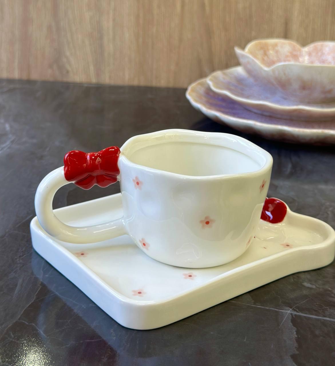 Чашка з блюдцем Olens Червоні банти кераміка 220 мл Білий з червоним (8030-438)