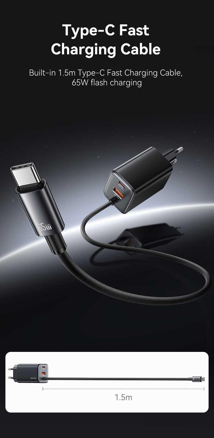 Зарядний пристрій мережевий Usams GaN 65W ACC 3-port Fast Charger With Type-C Cable Black (CC266) - фото 7 Зарядний пристрій мережевий Usams GaN 65W ACC 3-port Fast Charger With Type-C Cable Black (CC266) - фото 7