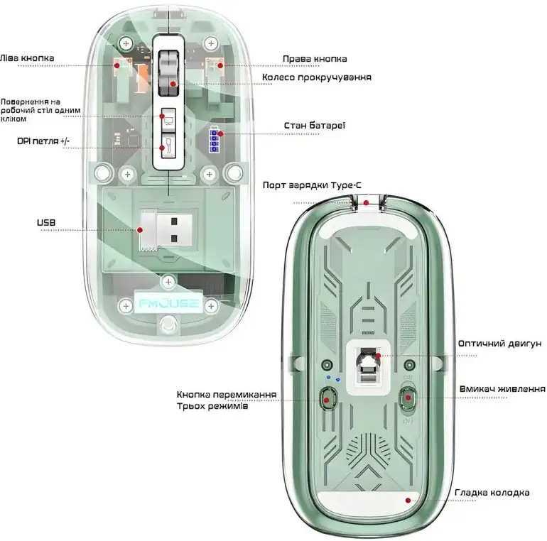 Мышь беспроводная бесшумная M133 Type-c Прозрачный (21818264) - фото 2
