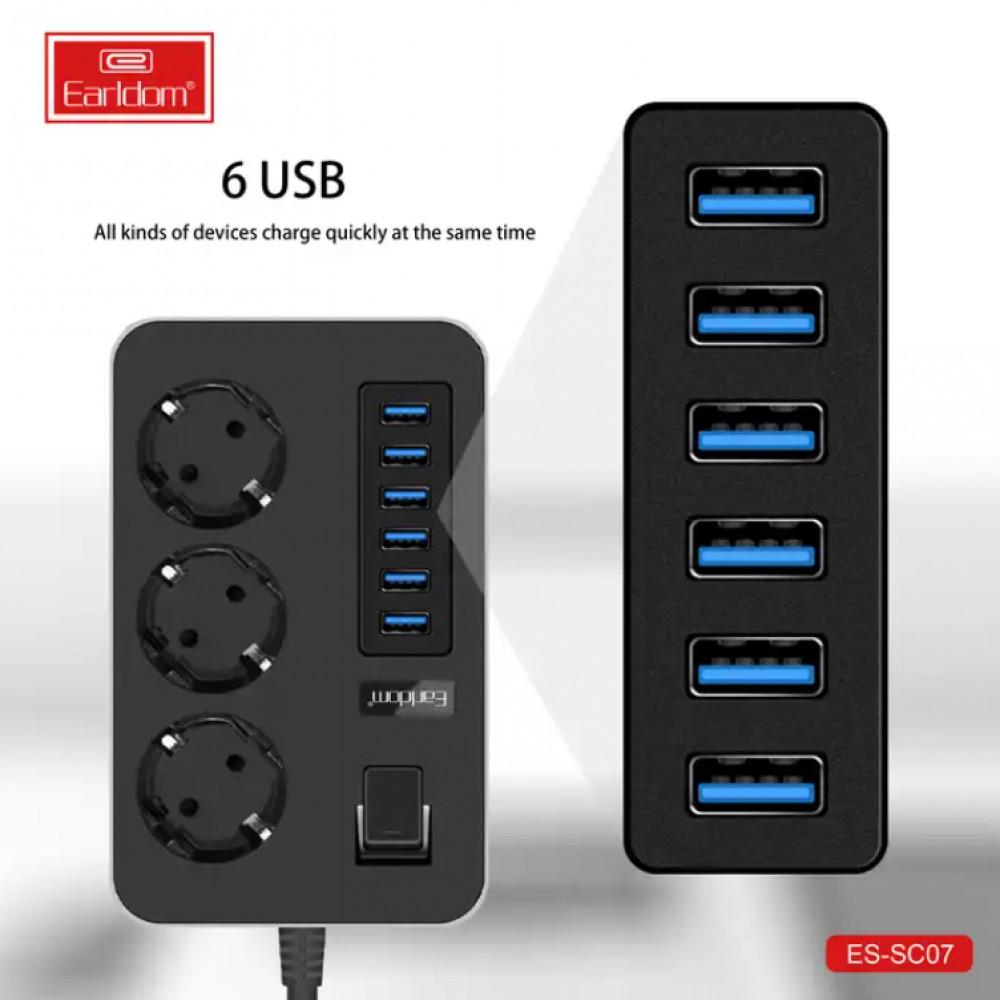 Подовжувач мережевий Earldom ES-SC07 6U 3P 3.1A 2 м Чорний - фото 2