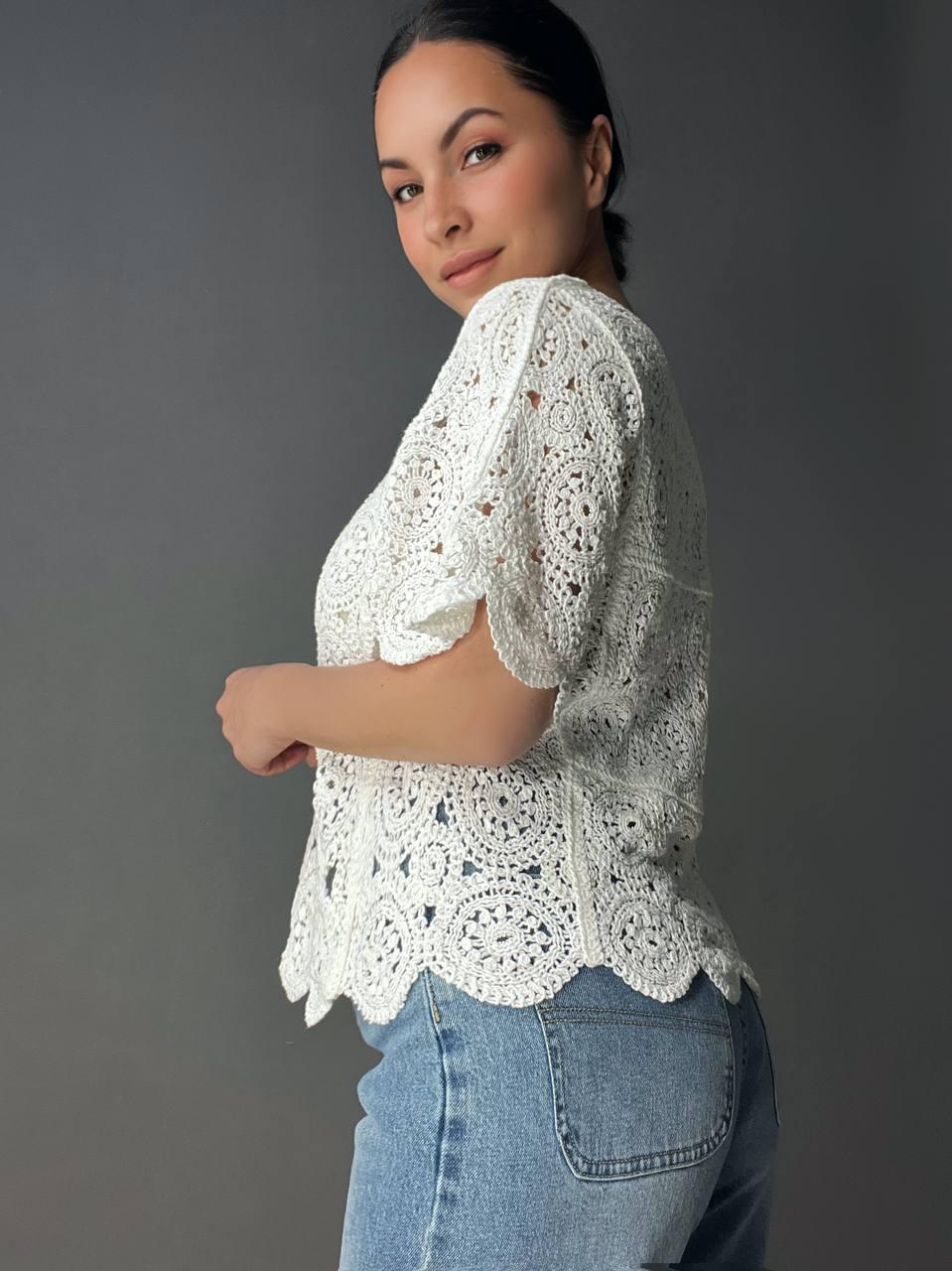Блузка женская A-N 5303 кружевная вязаная с коротким рукавом OS Белый (26404723) - фото 10