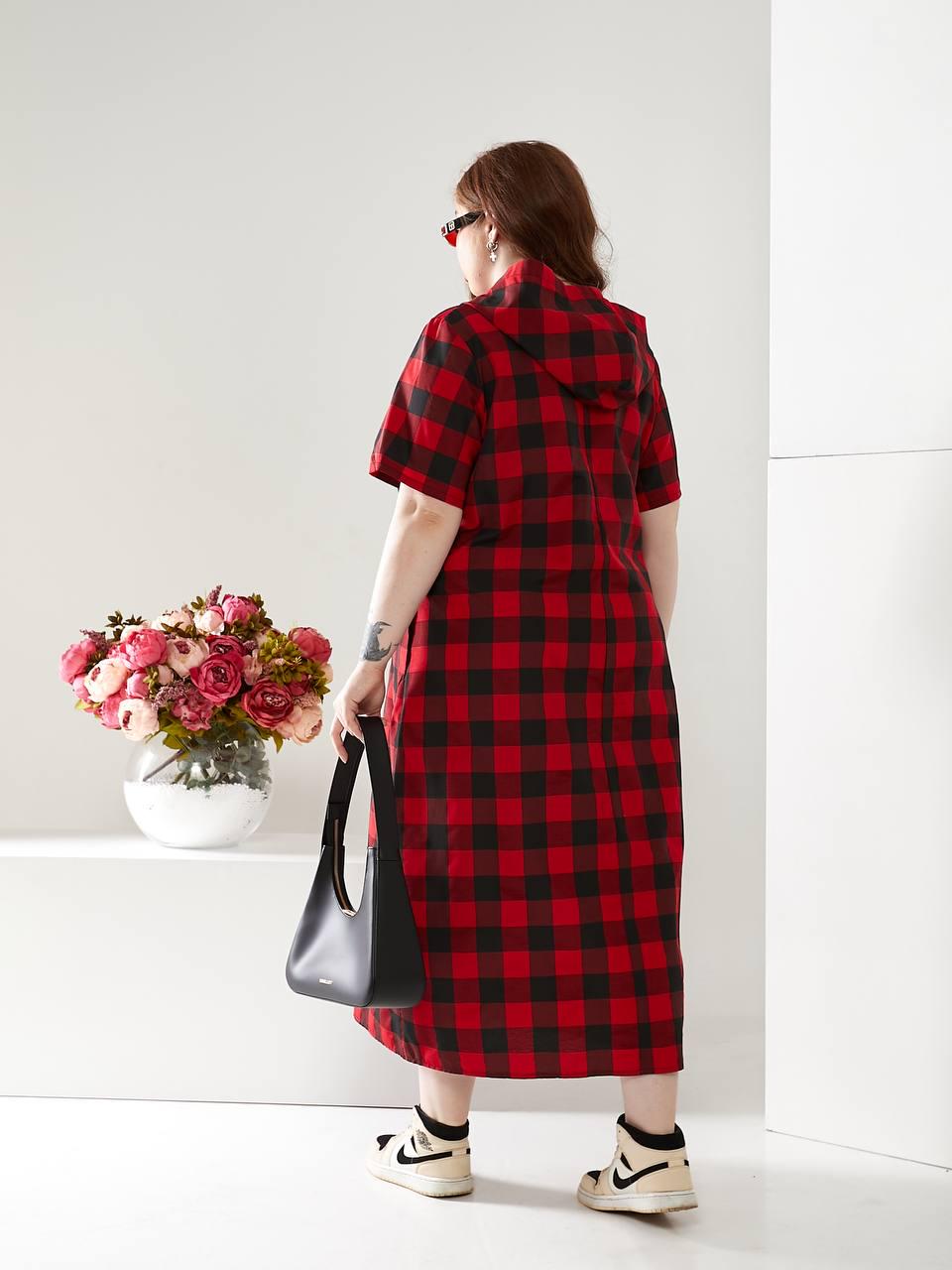 Сукня довга Клітинка котон з капюшоном р. 52-54 Червоний (1376) - фото 3