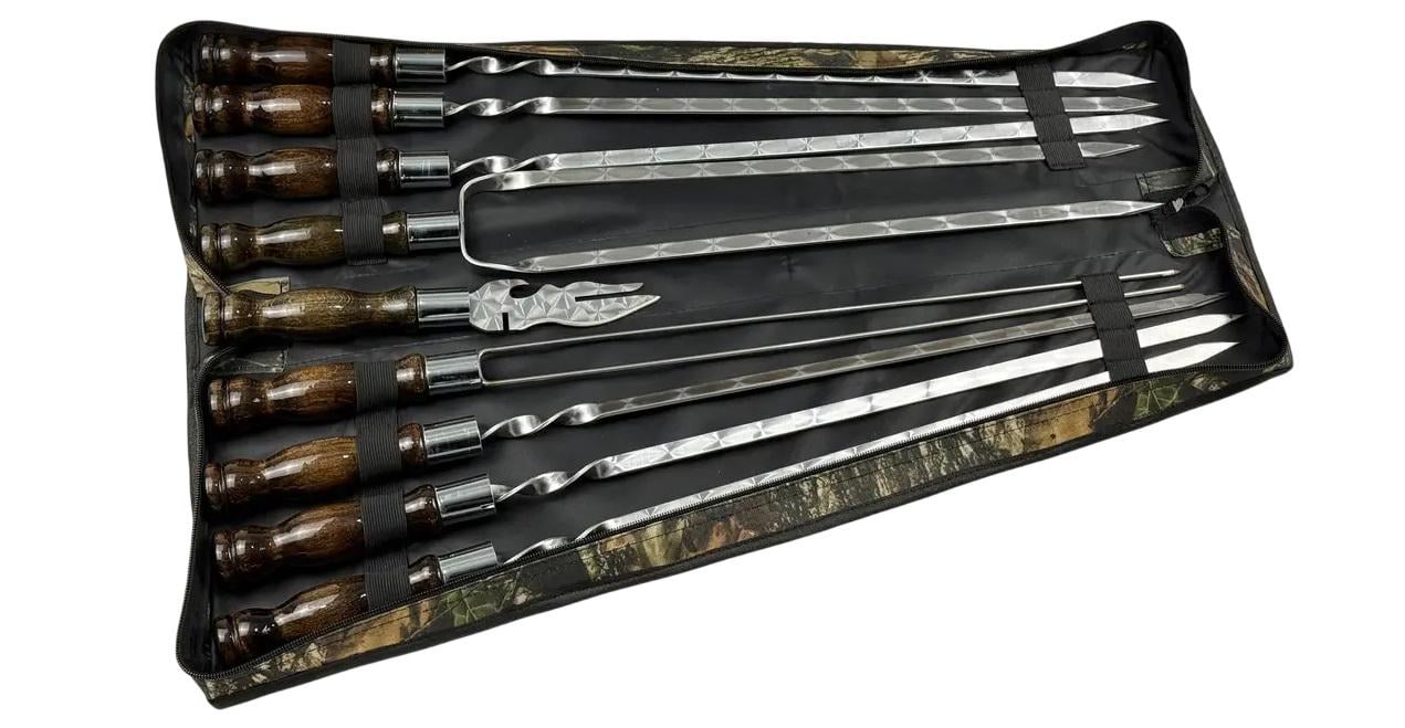 Набор шампуров с деревянной рукояткой GrillMaster NB-2309 двойной и овощной шампур нержавеющая сталь 3 мм 6 шт. Венге (10-164-NB-2309)