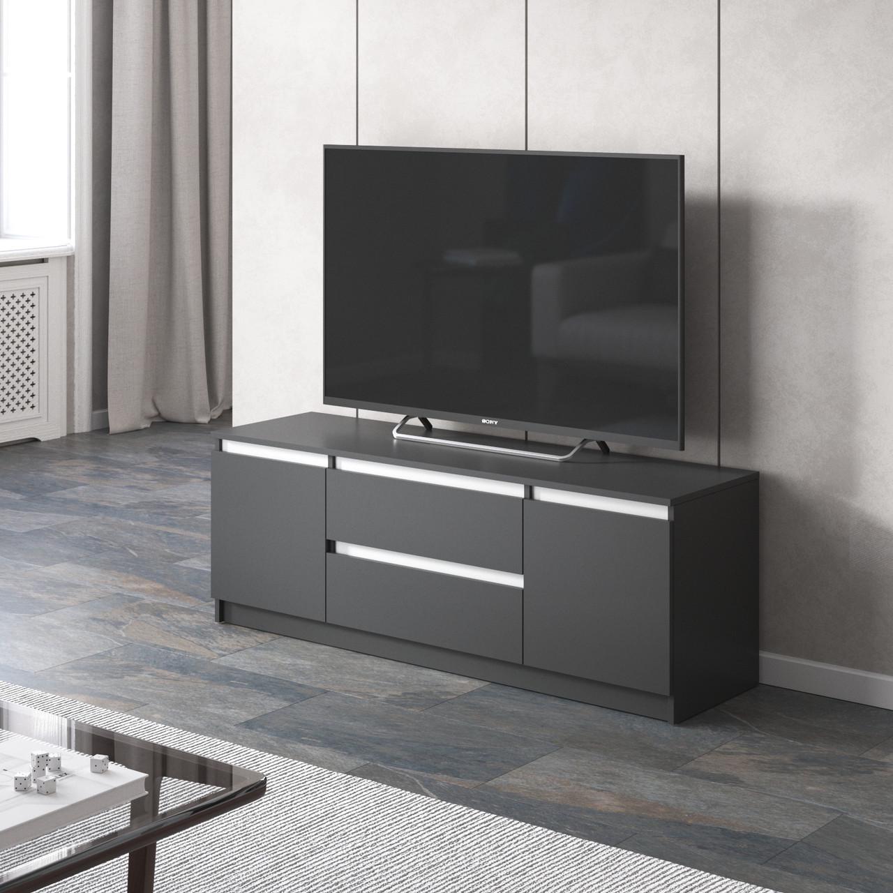 Тумба под телевизор Вайс R-28 1402х400х531 мм Антрацит/Белые планки (30668785) Тумба под телевизор Вайс R-28 1402х400х531 мм Антрацит/Белые планки (30668785)