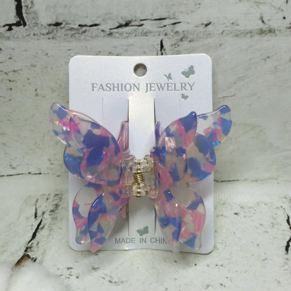 Крабик для волос Бабочка перламутр заколка зажим 8х6,5 см Голубой с розовым (1718-1)