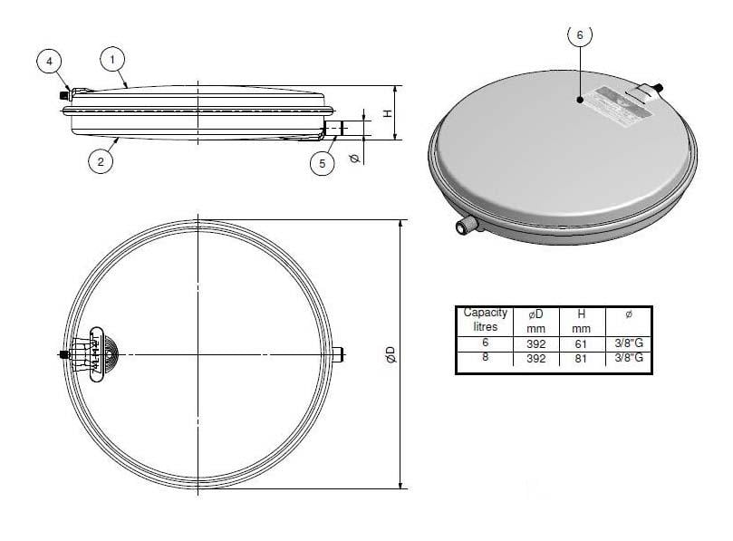 Бак расширительный Zilmet круглый плоский 8 л 3/8" 392х81 мм (13C0000810) - фото 2