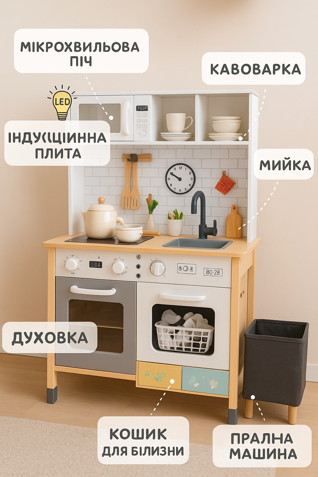 Детский игровой набор Woopie Кухня интерактивная деревянная 9в1 с доской/стиральной машиной/аксессуарами (53538) - фото 3 Детский игровой набор Woopie Кухня интерактивная деревянная 9в1 с доской/стиральной машиной/аксессуарами (53538) - фото 3