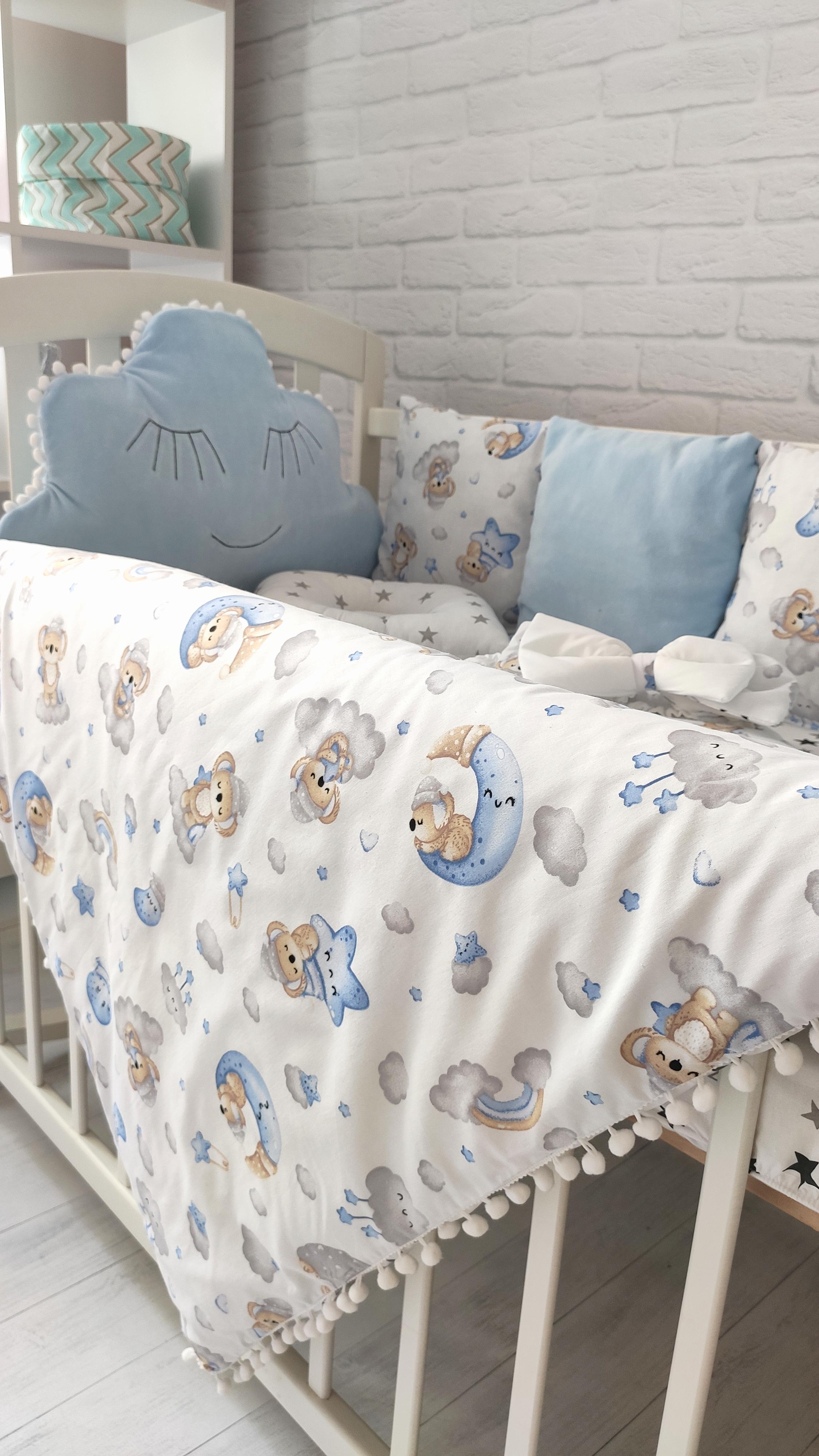 Набор бортиков в кровати Велюр Облако на три стороны Голубой - фото 2