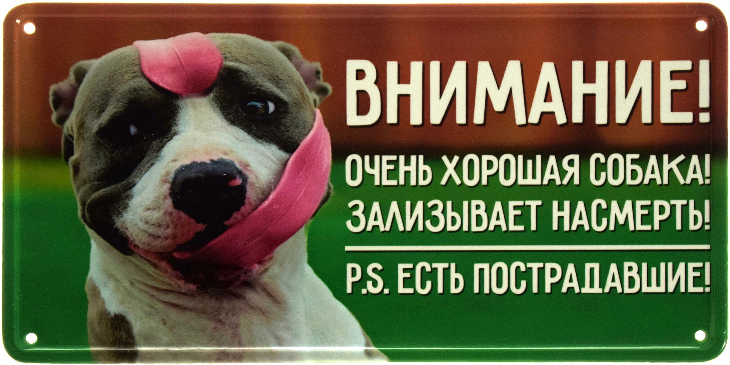 Табличка металева "Внимание! Очень Хорошая Собака! Зализывает На смерть! PS Есть Пострадавшие!" Американский Стаффордширский Терьер 15x30 см Табличка металева "Внимание! Очень Хорошая Собака! Зализывает На смерть! PS Есть Пострадавшие!" Американский Стаффордширский Терьер 15x30 см