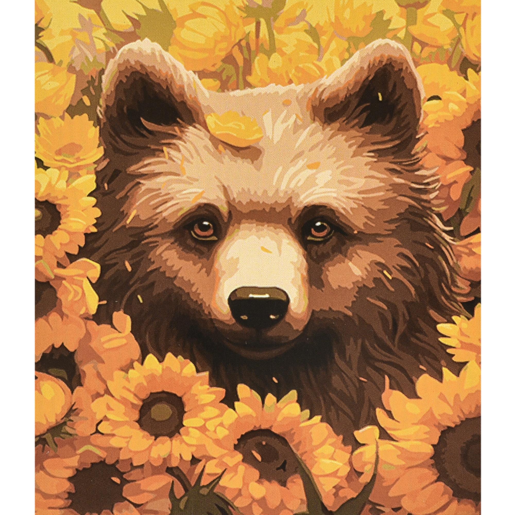 Картина по номерам Strateg Премиум Медведь среди подсолнечников с лаком и уровнем 40x50 см (Str-VA-4666)