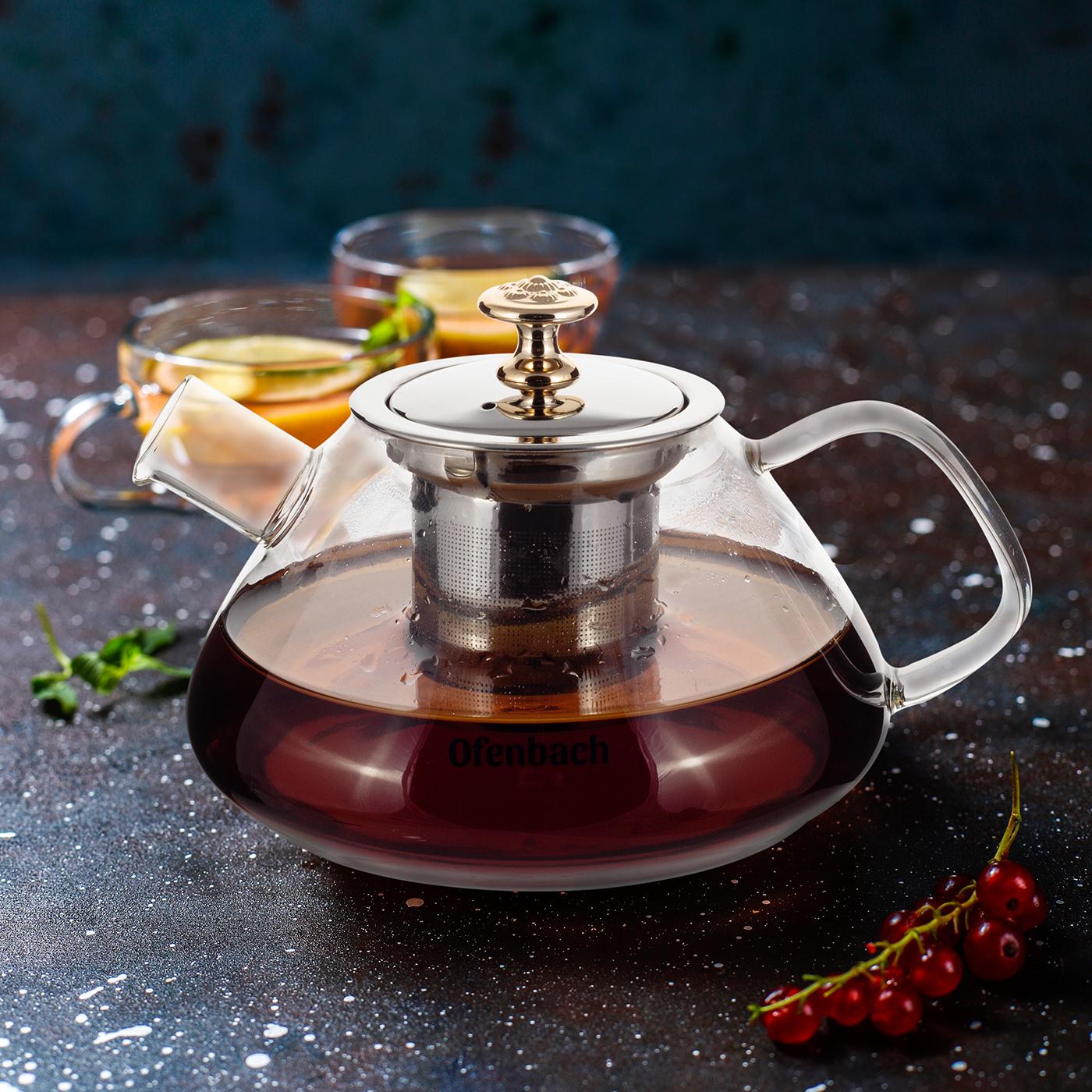 Заварочный чайник со съемным ситечком Ofenbach KM-100616L из термостойкого стекла 1000 мл Прозрачный (150-84-100616L) - фото 9