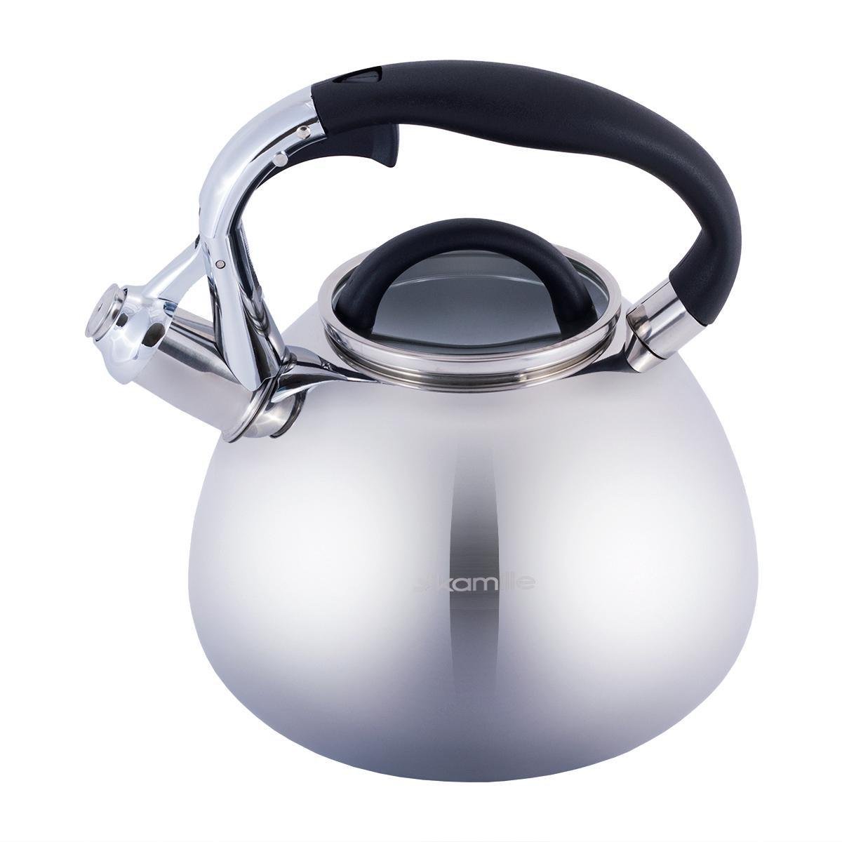 Чайник Kamille из нержавеющей стали со свистком и стеклянной крышкой 2,8 л (0674)