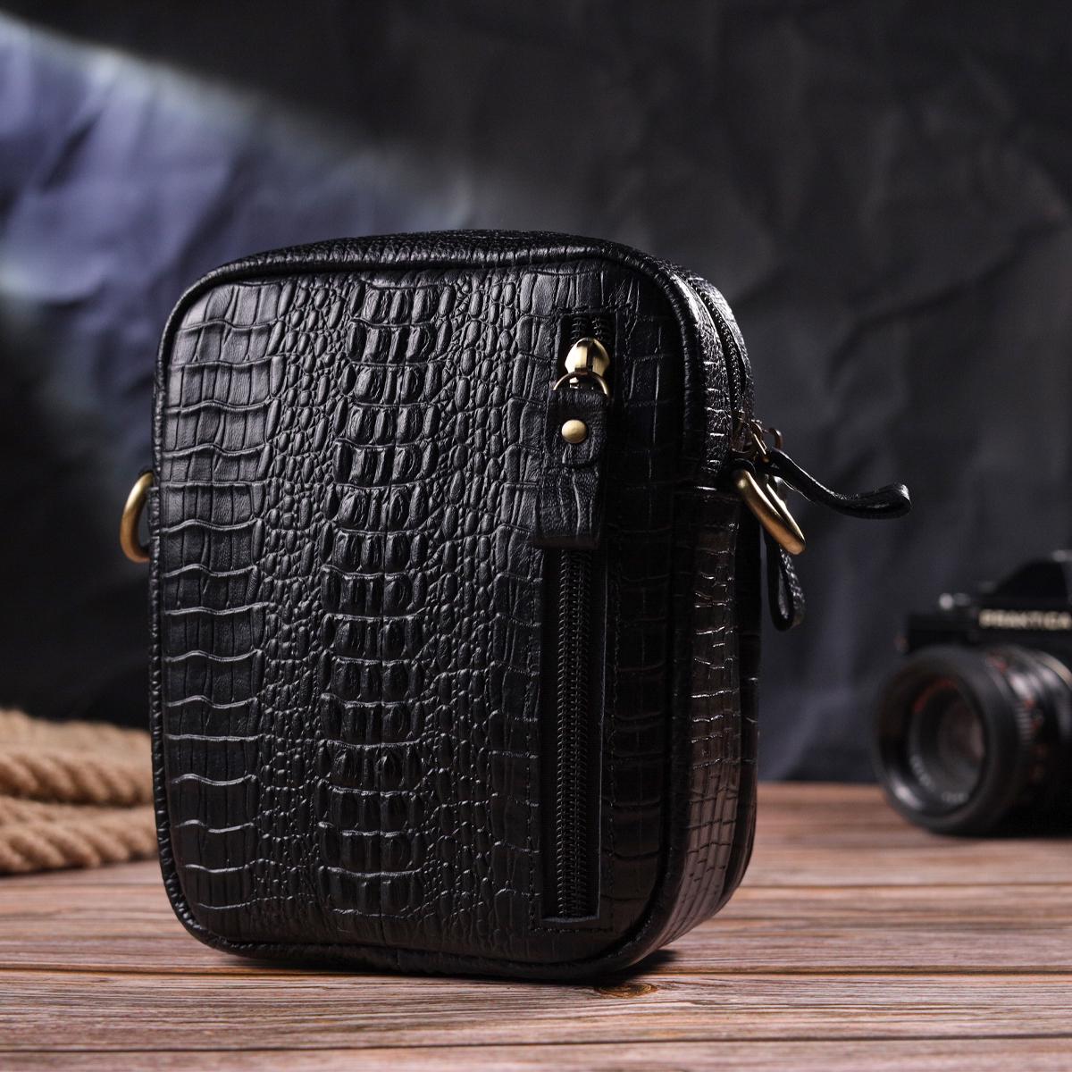 Сумка мужская Vintage 21299 Bag из натуральной кожи с фактурой под крокодила 13,5х18х6 см Черный - фото 8