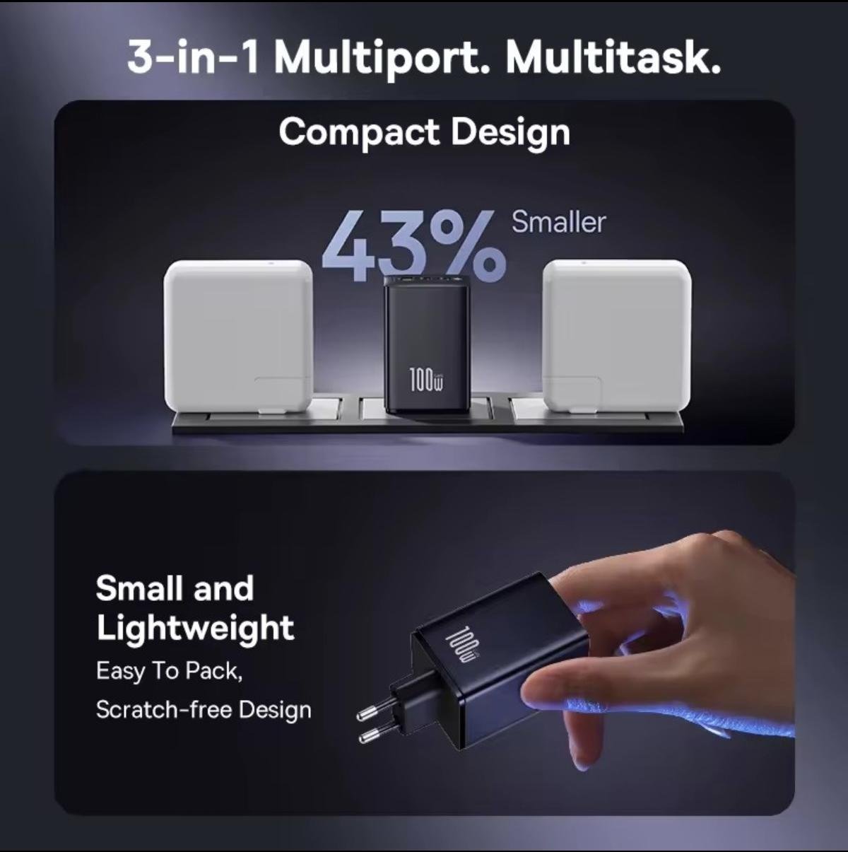 Зарядное устройство сетевое BASEUS EnerFill FE11 100W 2x USB-C USB-A (29726471) - фото 5 Зарядное устройство сетевое BASEUS EnerFill FE11 100W 2x USB-C USB-A (29726471) - фото 5