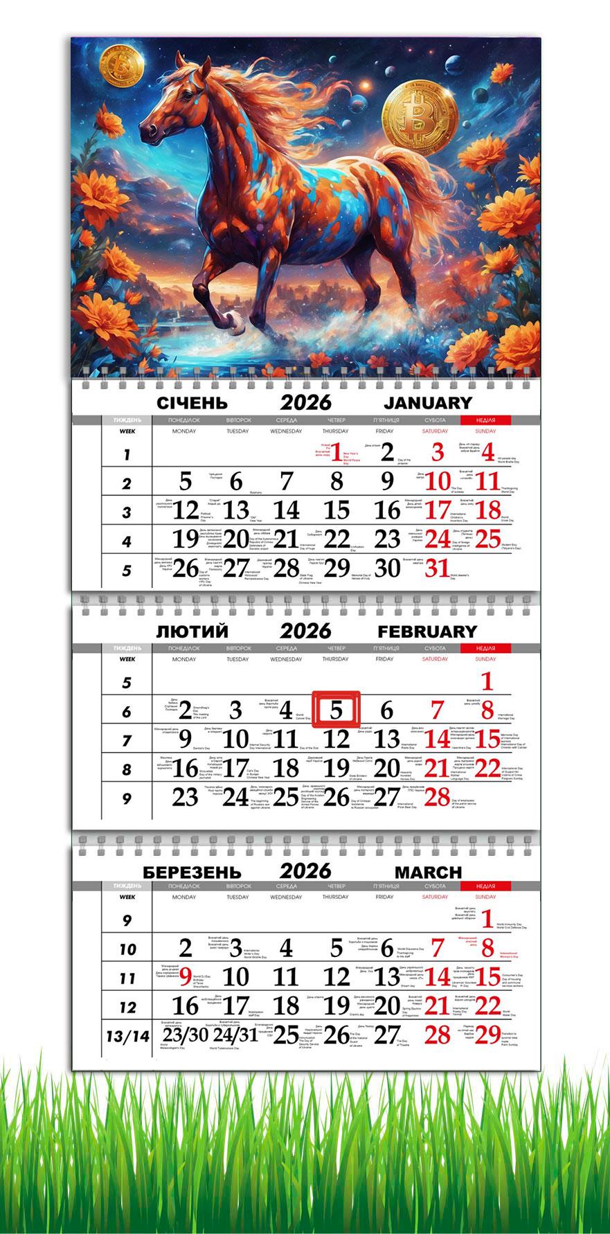 Календарь настенный квартальный на 2026 год APRIORI Символ года Лошадь на 3 пружины 30х61 см (UA4034)