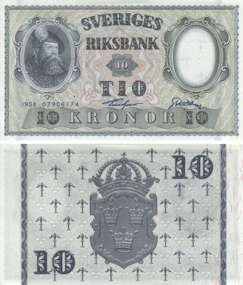 Коллекционная банкнота Швеция 10 крон 1958 UNC P43f (Б09255)