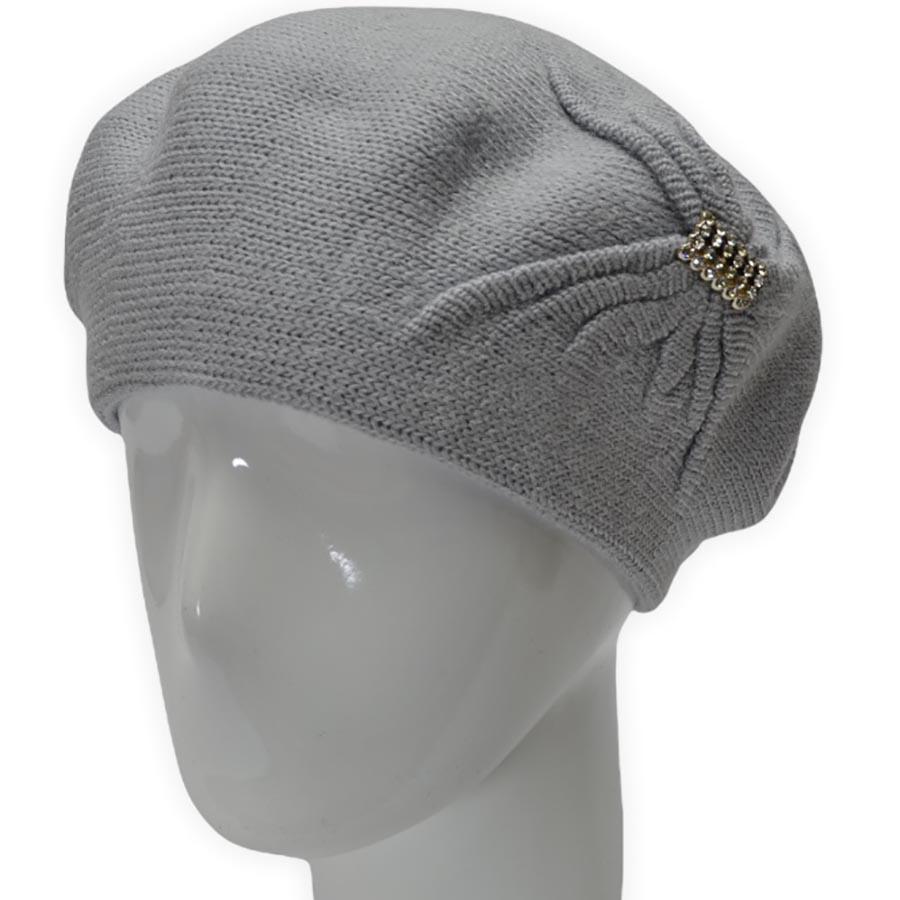 Берет женский Lirus Бонжур из шерсти двойной с узором сбоку и брошью Серо-голубой